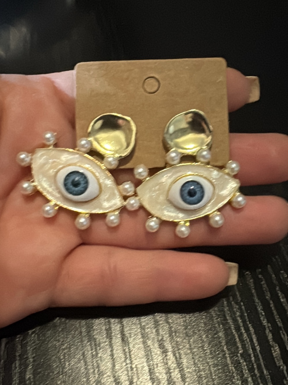 Gold & White Evil Eye Pearl Drop Earrings - Women Accessories